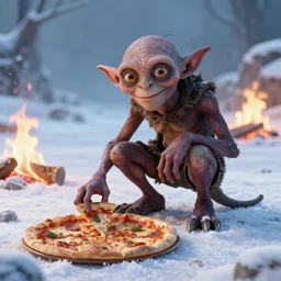 gollum smeagol grotesque croutching over his precious pizza, feet deep in the snow, looking in camera, snowy environment, fire burning in the background, ultra detailed, ultra realistic, by beksinski, alejandro jodorowsky, giger, greg rutkowski, carne griffith, trending on artstation, deviantart, masterpiece, photorealism
