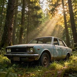 abandoned old sedan car closeup in the forest, macro, grass, detailed, huge scene, warm lighting, concept art, beautiful, art greg rutkowski, low angle, high detail, godrays, cinematic view, volumetric, epic sky, vivid, trending on artstation, by jordan grimmer