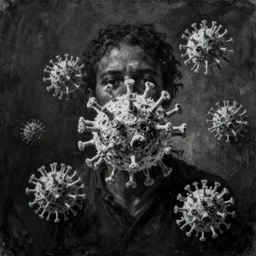 surrealist painting, coronavirus, dark, black and white, 8k