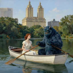surreal painting of a woman and a monster sitting together rowing a boat in central park