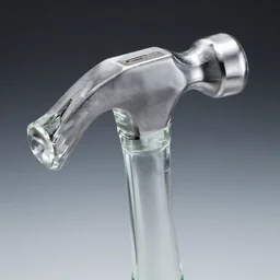 detailed photograph of a hammer made of clear glass, photo-realistic