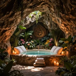cozy bathhouse hidden in a cave, candlelight, towels, cushions, natural light, lush plants and flowers, elegant, intricate, fantasy, atmospheric lighting, by Greg rutkowski