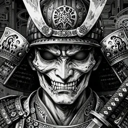 extremely detailed samurai face of death with a katana! by kentaro miura, full frame, dark futuristic world, mysticism, intricate, highly ornate dark trim armoury, masterpiece, by gene wolfe, by gustave dore, black and white, highly detailed face by artgerm