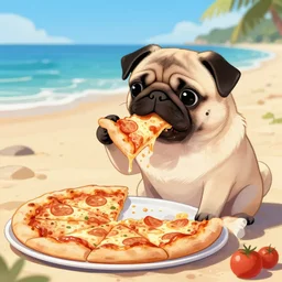 a Pug eating pizza on the beach, illustration, digital art, trending on artstation, HDR