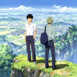 tatsuki fujimoto illustration, two men standing at the edge of reality, intricate scenery, y 2 k, unknown