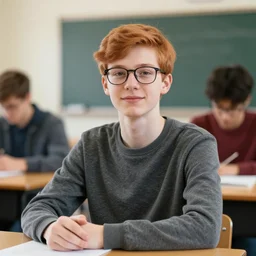 male teen with ginger hair wearing glasses in a classroom, portrait