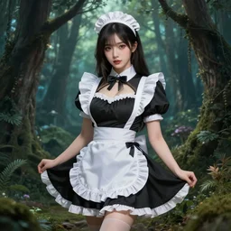 A sexy maid in a magical forest, fantasy art, in the style of Turine Tran, illustration, epic, fantasy, intricate, highly detailed, artstation, concept art, smooth, sharp focus