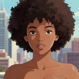 a beautiful woman with afro hair african american skin , dark brown hair and tan skin, dark brown eyes, city landscape, 4k, anime key visual, lois van baarle, ilya kuvshinov, rossdraws, artstation