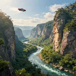 world wonderful with amazing landscape rocks rivers and forests in style by alberto mielgo with flying car in sky in style by alberto mielgo cinematic lighting, raytracing, 8 k, octane render, volumetric, vivid, beautiful, hyperrealism
