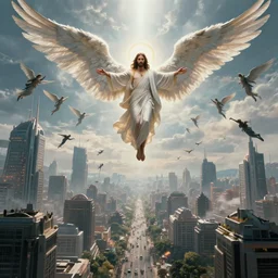 futuristic city being invaded by an army of angels in the sky with jesus christ, epic scene