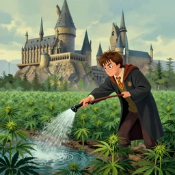 harry water watering a marijuana field in front of hogwarts, digital illustration, in the style of greg rutkowski, very detailed, artstation, smooth
