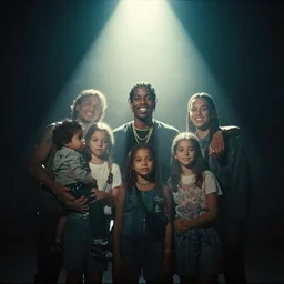 a photo of asap rocky smiling with his family, cinematic, camcorder effect, ektachrome, wide angle, lens distortion, double - exposure, rephotography, light, dark, 3 d, spotlight, amoled, moody lighting, fog, cgi