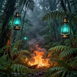 beautiful and hyperrealistic wildfire in a fern jungle, heavy rainstorm, steampunk lanterns with cyan light, Visual Novel key visual, award-winning digital art on Pixiv, trending on Artstation