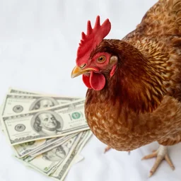 a stately close - up photograph of a chicken next to several 1 0 0 dollar bills on a white cloth