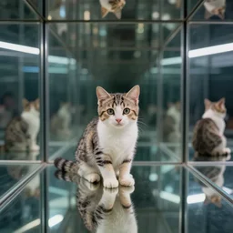 infinity mirror reflecting a small cat, 4k, 40nm lens