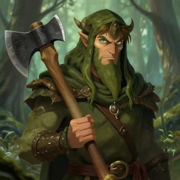 Tree druid, closeup, axe in hand, in the forest, dungeons and dragons, by Greg Rutkowski, digital art, trending on artstation