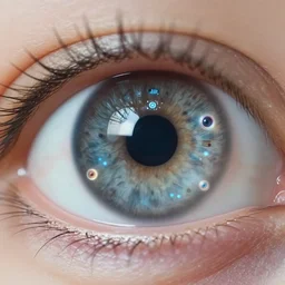 macro close-up of a (iris of the human eye), with futuristic cybernetic AR implants, high reflection, alert, crisp, detailed, low energy, UE5, 8K, 4K