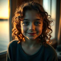 high detail, macro portrait photo, a young german girl with deep brown eyes and curly brown hair, smiles at the camera, set in a dimly lit room next to a lake at golden hour, shot using a zeiss supreme prime lens