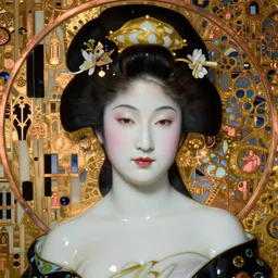 face centered portrait, artwork by james jean, hyperdetailed realistic smooth polished porcelain, beautiful japanese queen, jean delville, art nouveau, gustav klimt, ornate copper patina gothic icon, james jean, ultrasharp hyperdetailed photorealistic octane render