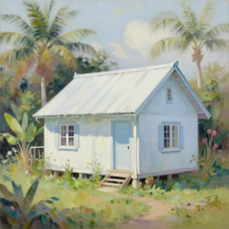 a cold cottage but there's tropical plants, oil painting, pale colors, high detail, 8 k, wide angle, trending on artstation