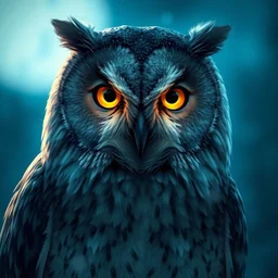 illustration, art by greg rutkowski, highly detailed, symmetrical, portrait of a gray owl, artstation, blue night lighting, cinematic lighting, concept art, album cover art, cgsociety, sharp focus, bright golden eyes in the night, alphonse mucha, digital painting