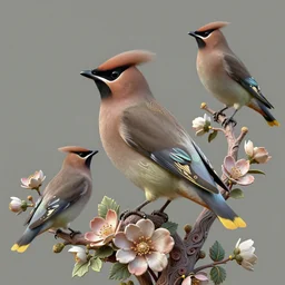 3 d render of ethereal bohemian waxwing bird, bombycilla garrulus, intricate details, ornate, detailed, octane 3 d render, johanna rupprecht, william morris, trending on artstation, a bird sitting on top of a tree filled with flowers, by marco mazzoni, trending on cgsociety, rococo, whimsical