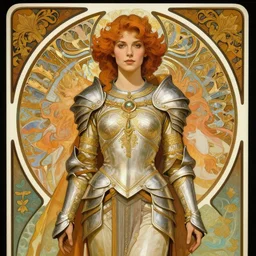 centered portrait, Imogen Poots as a D&D paladin, Art Nouveau, beautiful retro Fantasy heroine 1985, intricate, elegant, highly detailed, centered, digital painting, trending on artstation, concept art, smooth, sharp focus, illustration, art by raphael lacoste, eddie mendoza, Mucha, alex ross, WLOP