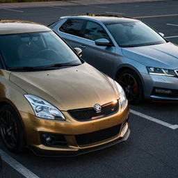 JDM Suzuki Swift Sport and Skoda Octavia Sport parking next to each other, hyperrealistic, 8k UHD, stunning photo, Stunning lighting, Car photography,
