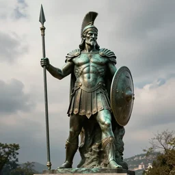a huge bronze statue of a spartanburg warrior holding his spear and shield, god of war, fantasy landscape, photorealistic, atmospheric