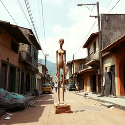 vintage color photo of a giacometti terracotta sculpture in the middle of a poor brazilian favela street, image by werner herzog
