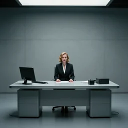 elizabeth moss as the CEO of an evil corporation, in her ominous hi-tech office, 2001 a space odissey, minimalism, brutalism