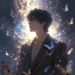 man surrounded by butterflies, celestial light, divine, Artstation