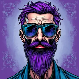 detailed hipster skinny man with sunglasses, long purple colored beard, dmt, by james gurney + intricate and vibrant work + portrait + trending on artstation + incredible gothic illustration + exquisite detail