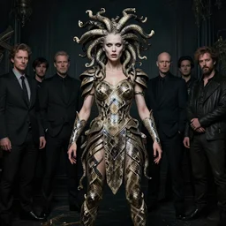a candid portrait of an expressive bald woman as medusa dressed in detailed snakeskin armor, detailed lifelike human eyes, dark - whimsical atmosphere, luxury, in the style of gottfried helnwein, tom bagshaw, charlie bowater, victor adame minguez, daniel merriam, alexander jansson, lifelike, cgsociety, unreal engine, full body, portrait