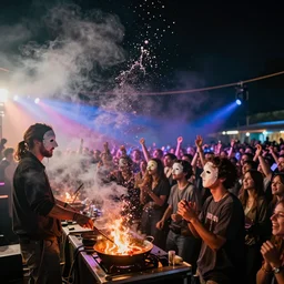 scandy and arender, cooking it up, hot hot hot, splash, ahhhhhhh, roomies, bohemian digitals, playing a live gig at night time with masks on, colored lights, stroboscope, heavy fog machine, no faces visible, huge crowd on drugs, ecstatic, photorealistic photography