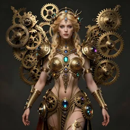 A steampunk beautiful goddess, she is blonde, she is embellished with gears wheels and gemstones, by William Holman Hunt, Greg Rutkowski, Stanely Artgerm, Tooth Wu, Peter Gric, Aaron Horkey, trending on Artstation, digital art, mythological, symmetrical artwork, cinematic lighting, hyper realism, high detail, octane render, ultra realistic, golden ratio, 4k, 8k