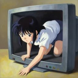 oil painting, yoji shinakawa, studio gainax, anime girl crawls out of monitor, cinematic lighting, perspective emphasis