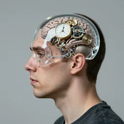 profile view of a stupid man with a transparent skull and a clockwork brain