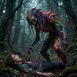 a beautiful colorful ( flesh - eating ) gazipagmo with hair made of maggots and covered in raindow fur, eating the leg of a screaming man, in a creepy forest, schizophrenic hallucination, fear, morbid, nightmare, supernatural, 8 k, digital art, highly detailed, chiaroscuro, terrifying