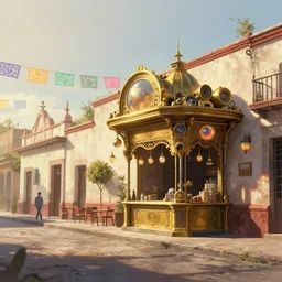 angled photo digital art illustration of a street in a clean minimalist blade runner traditional mexican small town, kiosko, papel picado, postapocalyptic disney, pixar, muted color palette, high quality digital painting by, simon besombes, kacper niepokolczycki, studio ghibli, shinny gold steampunk details, golden hour, muted colors, biomechanical, lens orbs, global illumination, lounge, architectural, volumetric lighting, blender, vray, masterpiece