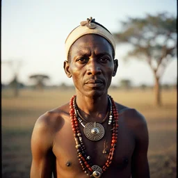 analogue photo of an african tribal chief, 35mm, f/1.4, Golden Hour light, national geographic, photographed by Martha Cooper,