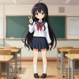 full body anime portrait of a cute android girl round eyes long hair dressed in a school uniform inside the school, peace sign, stunning, highly detailed, anatomically correct, vector art, hyper realistic