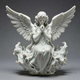 a perfect photograph of an angel coated in liquid porcelain into the shape of a mycopian eldritch sphere.