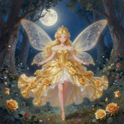 breathtaking detailed soft painting of a little anime fairy princess in a luxurious moonlight forest, golden rose dress floating around, detailed symmetrical facial features, by Ayami kojima, loputyn and matcha, art nouveau gold stained glass windows, 8k, concept art, matte, sharp focus, rembrandt style