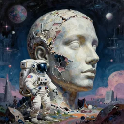 hyperrealistic surrealism, dreamscape, david friedrich, award winning masterpiece with incredible details, zhang kechun, a surreal vaporwave vaporwave vaporwave vaporwave vaporwave painting by thomas cole of a gigantic broken mannequin head sculpture in ruins, astronaut lost in liminal space, highly detailed, trending on artstation