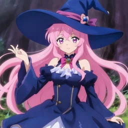 beautiful japanese anime female sorceress, long pink hair, blue witch hat, magical aesthetic