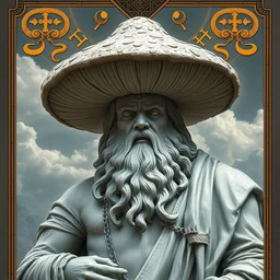 a masterpiece hyperdetailed dnd tarot card portrait, magnificent mushroom deity as depicted in a colossal marble statue ( with godlike bodybuilder physique ) made by ancient greeks, hd tarot card depicting monumental statue of a dignified mushroom god with cute large mushroom hat, golden norse runes in the background, hdr, 8 k, artstationhq, digital art