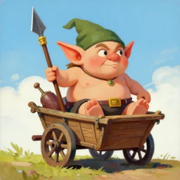 chubby fantasy goblin riding in a rickety wooden cart holding a lance, organic painting, sunny day, matte painting, bold shapes, hard edges, street art, trending on artstation, by huang guangjian, gil elvgren, ruan jia, greg rutkowski, gaston bussiere