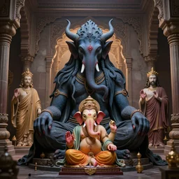 cthulhu, ganesh and jesus inside the palace of pondering, meditating