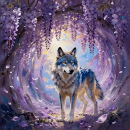 blue wolf skye under Wisteria, floral explosion, radiant light, vortex of plum petals, oil painting, Tooth Wu, Greg Rutkowski, RPG portrait, dynamic lighting, fantasy art, High contrast, depth of field